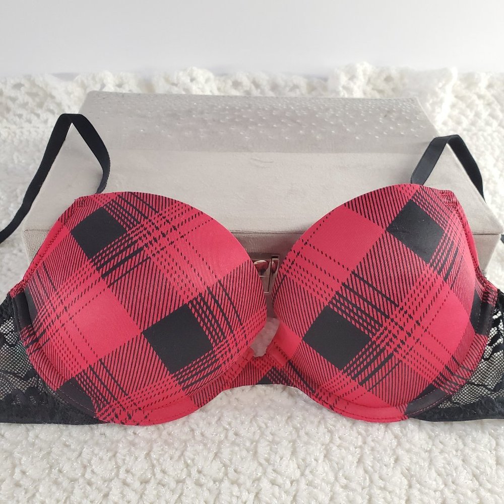La Senza REMIX Push Up Plunge Bra: Light Red & Black Plaid with Black Lace